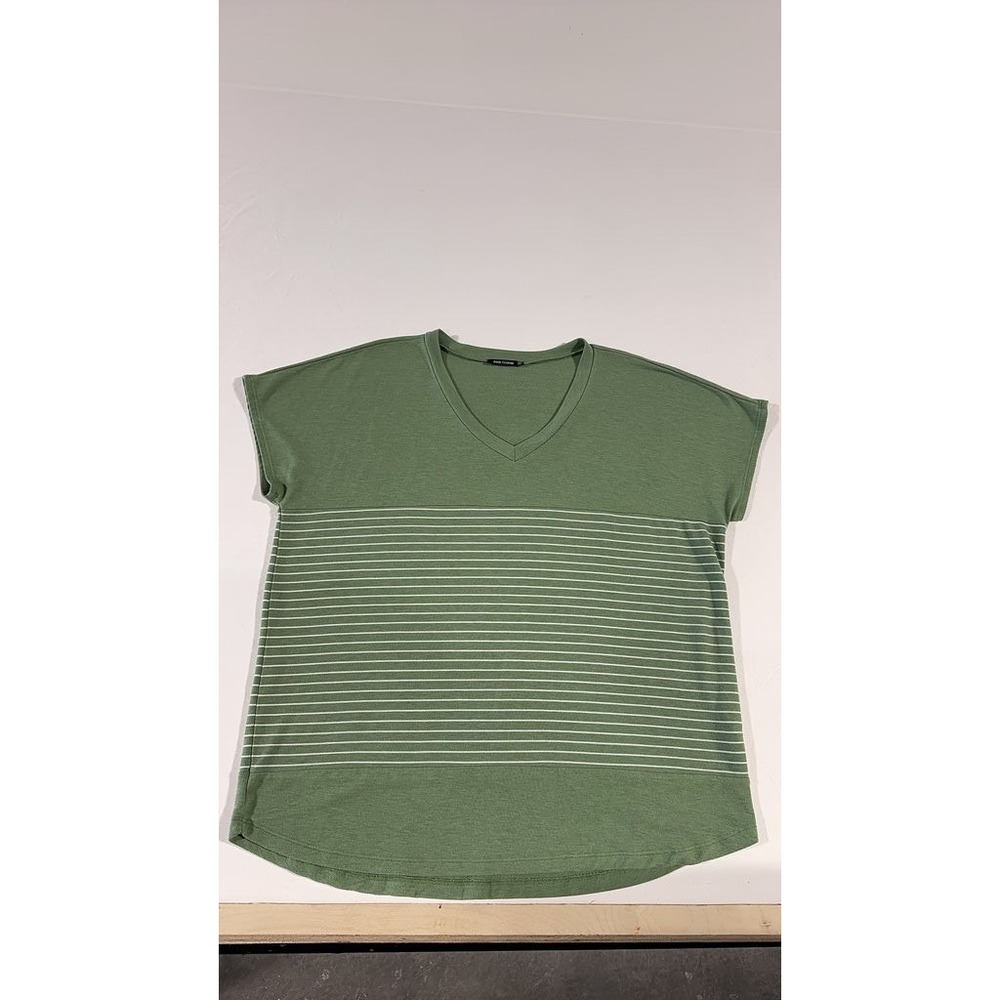 Pink Clover Green Striped Short Sleeve V-Neck Top XL Plus Size Casual Modern